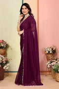 Wine Georgette Saree with Pom-Pom Border | Floral Blouse RTI