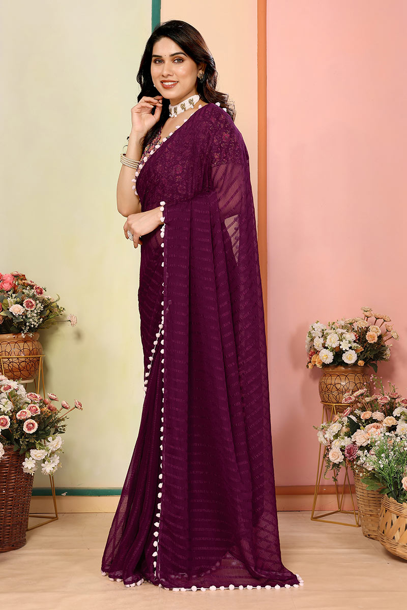 Wine Georgette Saree with Pom-Pom Border | Floral Blouse RTI