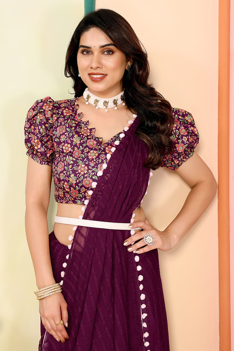 Wine Georgette Saree with Pom-Pom Border | Floral Blouse RTI