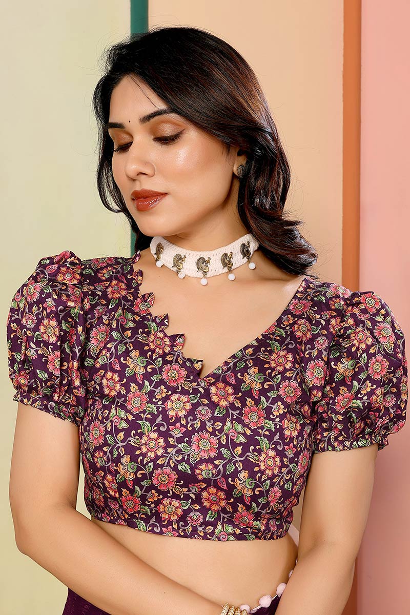 Wine Georgette Saree with Pom-Pom Border | Floral Blouse RTI