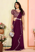 Wine Georgette Saree with Pom-Pom Border | Floral Blouse RTI
