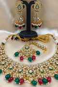 Gold Tone Kundan Bridal Necklace Set with Red & Green Beads – Indian Jewelry LF