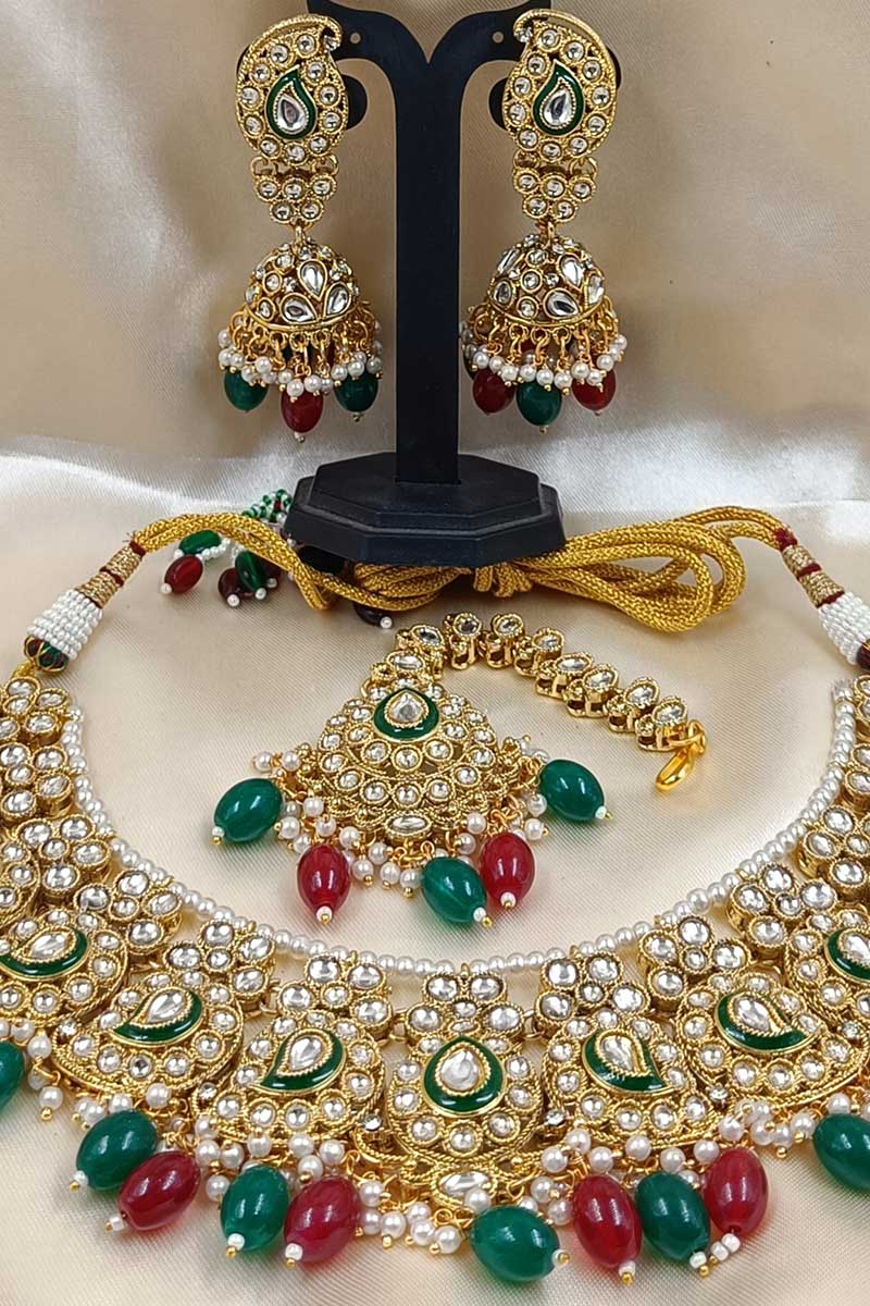 Gold Tone Kundan Bridal Necklace Set with Red & Green Beads – Indian Jewelry LF