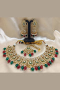 Gold Tone Kundan Bridal Necklace Set with Red & Green Beads – Indian Jewelry LF
