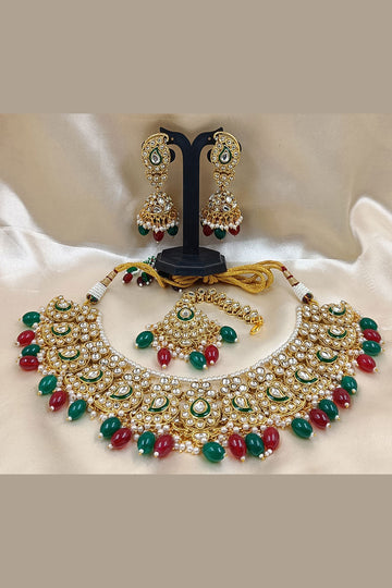 Gold Tone Kundan Bridal Necklace Set with Red & Green Beads – Indian Jewelry LF
