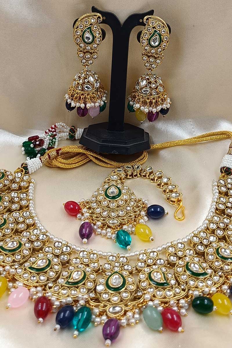 Multicolor Kundan Necklace Set with Earrings & Tikka – Bridal & Festive Jewelry RTI