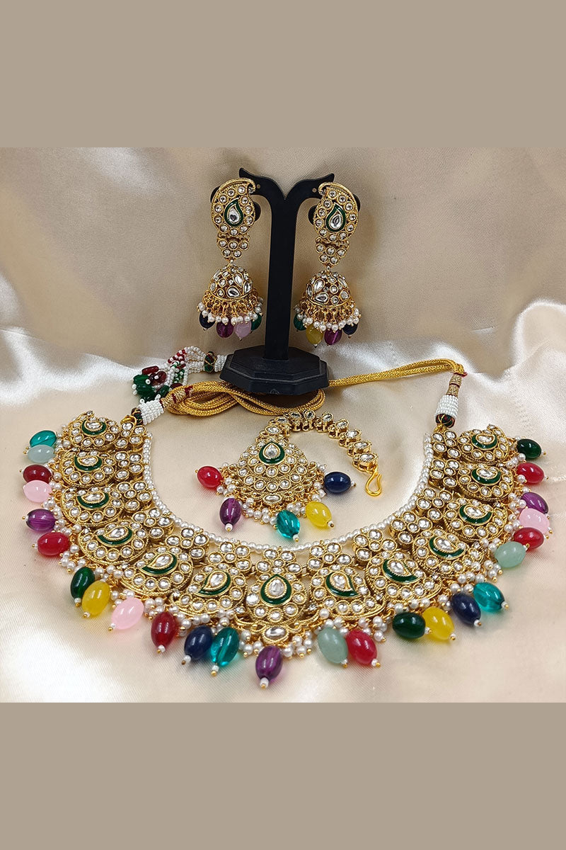 Multicolor Kundan Necklace Set with Earrings & Tikka – Bridal & Festive Jewelry RTI