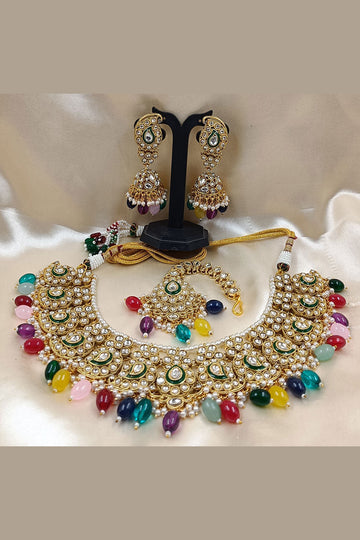 Multicolor Kundan Necklace Set with Earrings & Tikka – Bridal & Festive Jewelry RTI