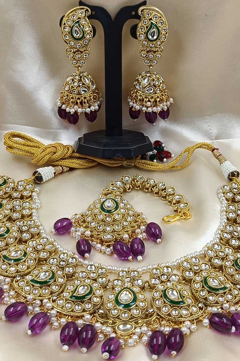 Purple Premium Kundan Bridal Jewelry Set with Earrings and Maang Tikka RTI