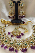 Purple Premium Kundan Bridal Jewelry Set with Earrings and Maang Tikka RTI