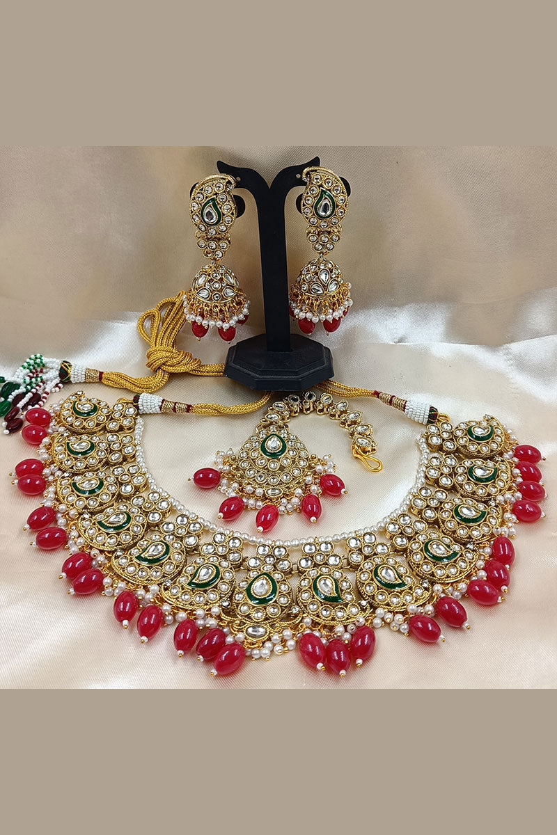 Wedding & Festive Kundan Necklace Set with Earrings in Red RTI