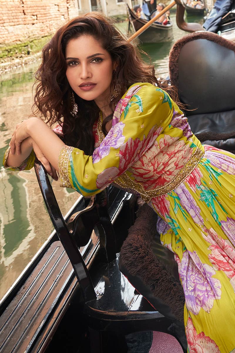 Lemon Green Chinon Floral Maxi Gown with Dupatta – Party Wear UK