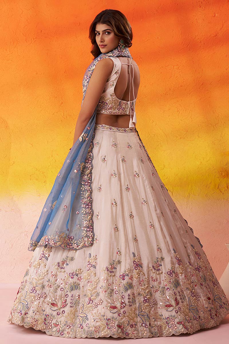 Beige & Blue Floral Embroidered Bridal Lehenga Choli with Dupatta