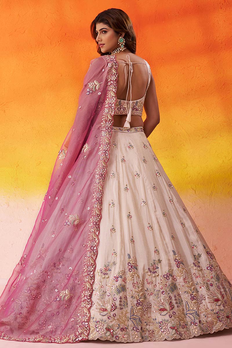 Ivory Bridal Lehenga with Pink Floral Embroidery & Dupatta
