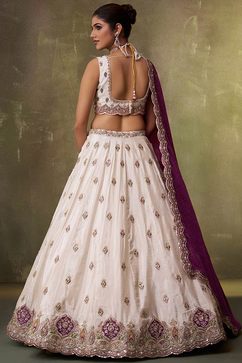 Purple & Ivory Floral Embroidered Wedding Lehenga Choli Set