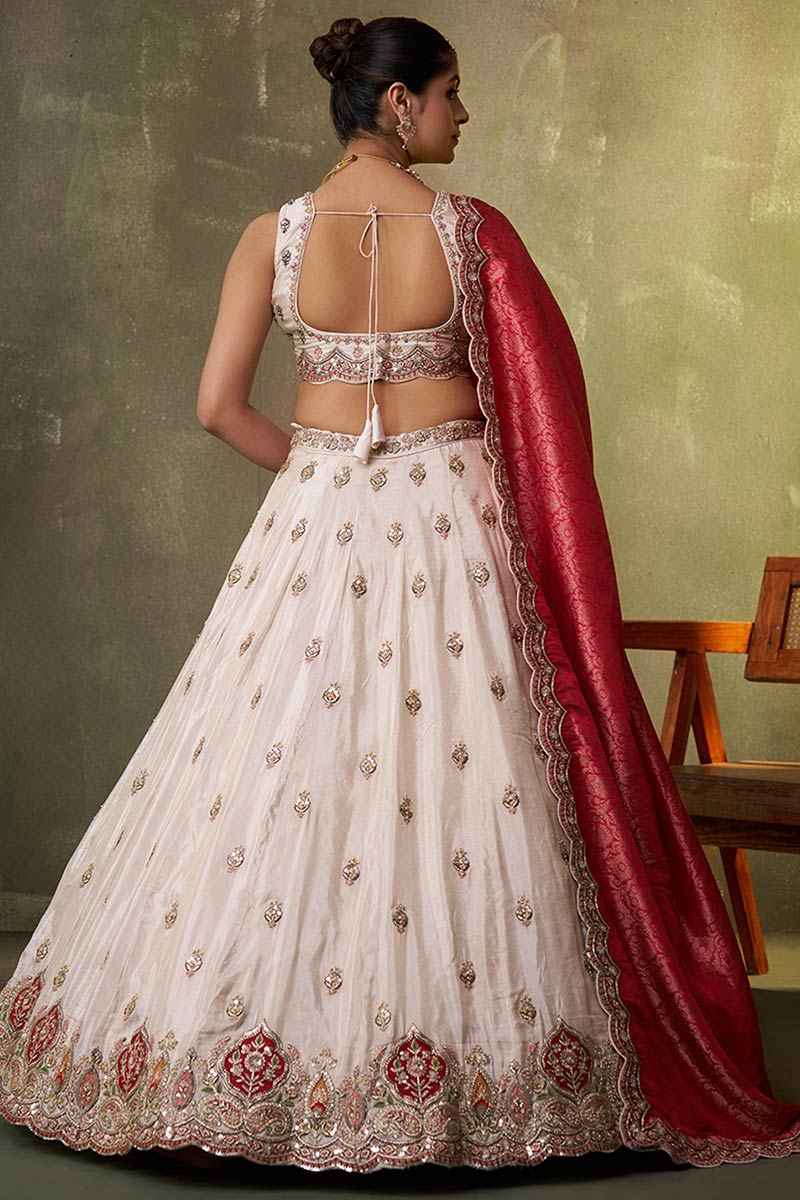 Traditional Ivory Bridal Lehenga with Red Floral Work