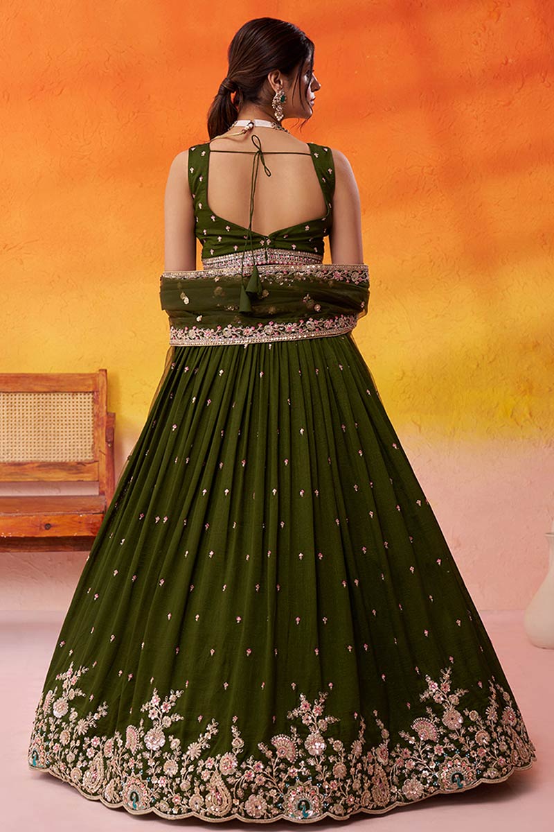 Elegant Olive Green Embroidered Lehenga Choli with Dupatta – Bridal & Party Wear