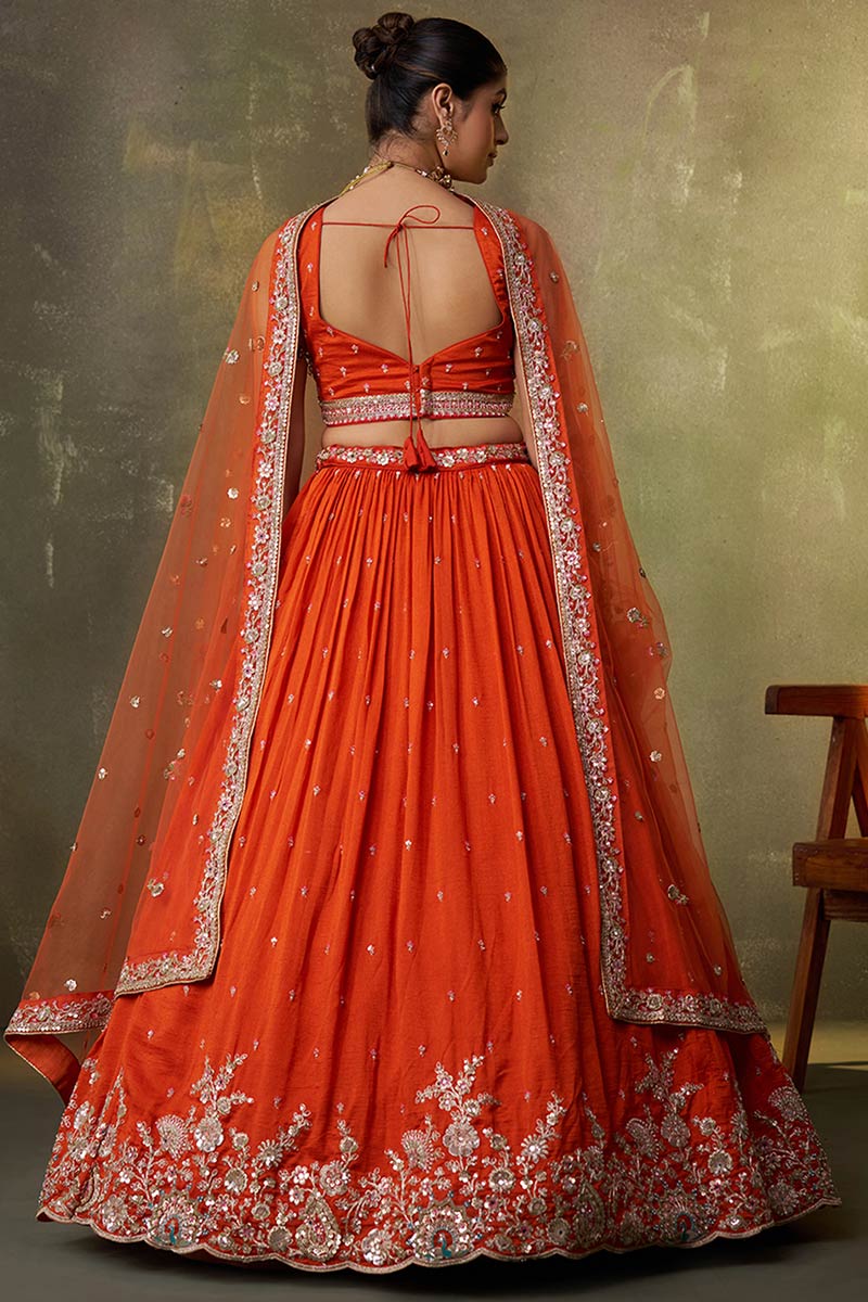 Luxury Orange Embroidered Lehenga Set – Bridal & Party Wear