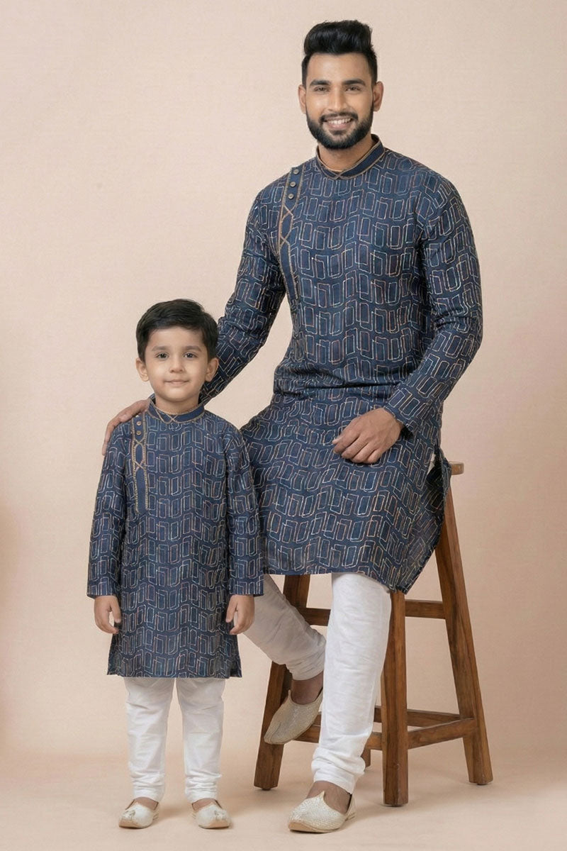 Father & Son Navy Blue Print Kurta Set – Traditional Indian Ethnic Wear