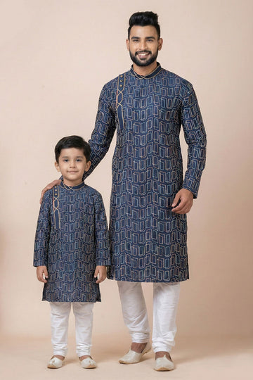 Father & Son Navy Blue Print Kurta Set – Traditional Indian Ethnic Wear