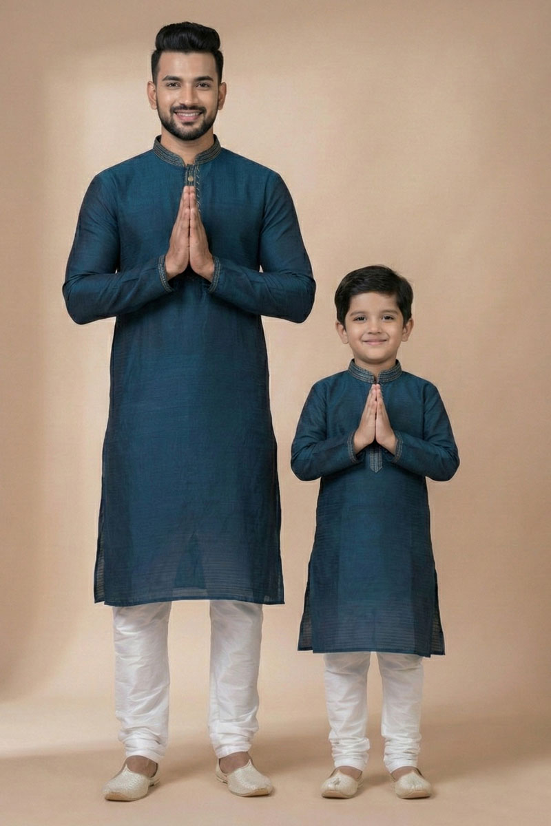 Dark Blue Father and Son Matching Ethnic Kurta Set – Festive Indian Wear UK