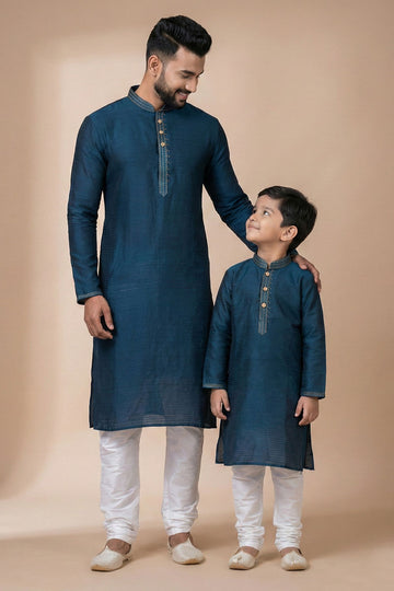 Dark Blue Father and Son Matching Ethnic Kurta Set – Festive Indian Wear UK