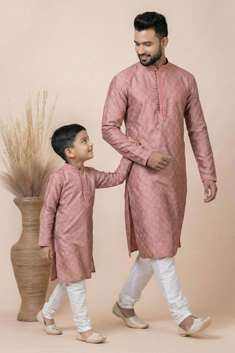 Matching Father–Son Dark Peach Kurta Set for Festive & Wedding Wear