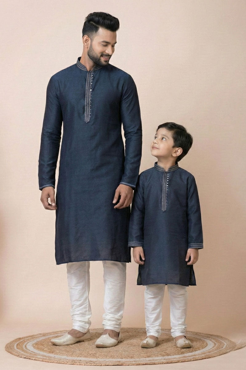 Father & Son Matching Navy Blue Combo Kurta Set