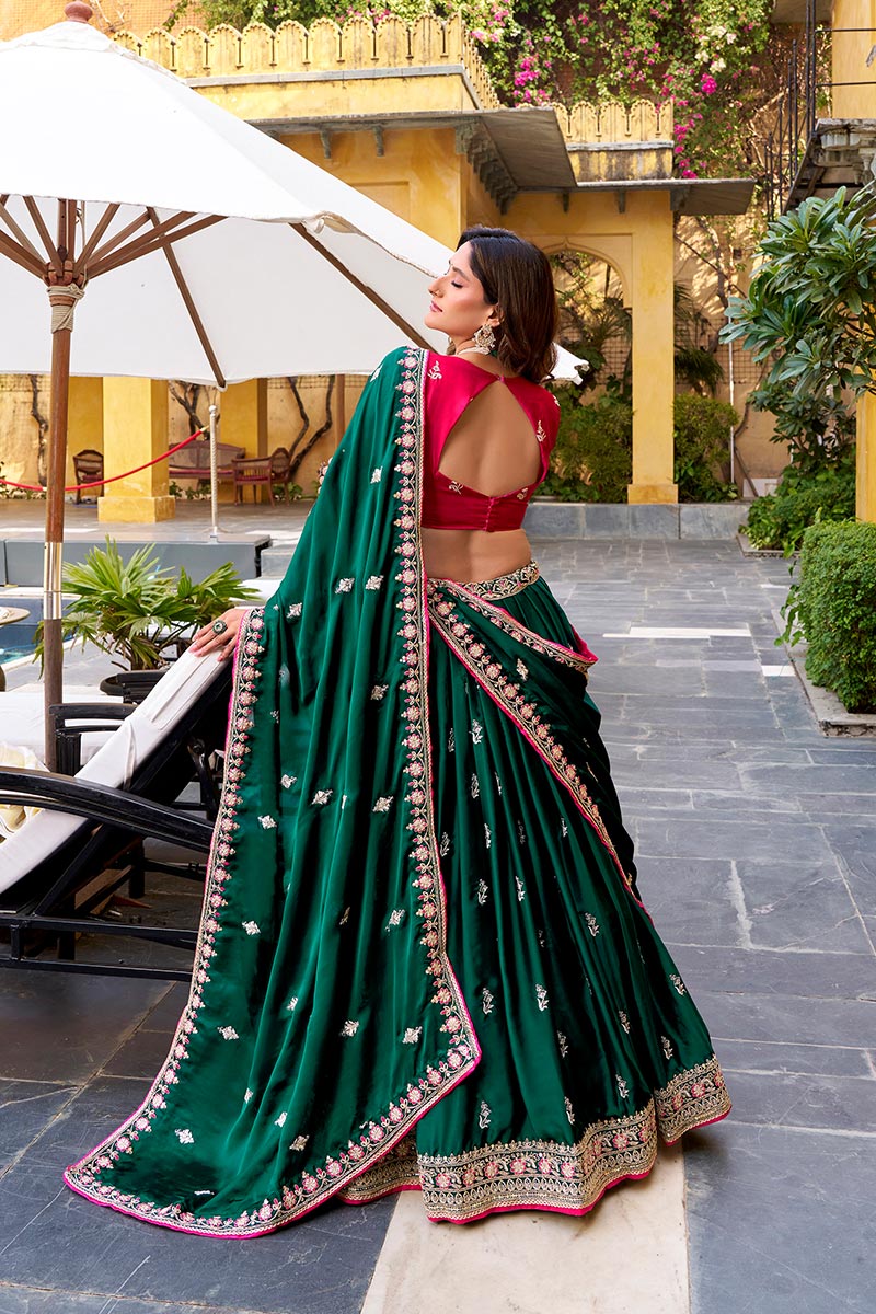 Elegant Green & Pink Embroidered Lehenga – Party & Wedding Wear RTI