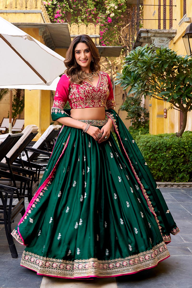 Elegant Green & Pink Embroidered Lehenga – Party & Wedding Wear RTI