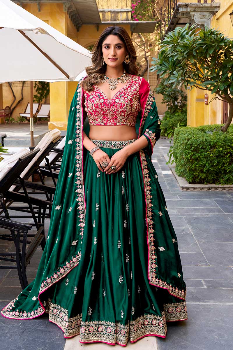 Elegant Green & Pink Embroidered Lehenga – Party & Wedding Wear RTI