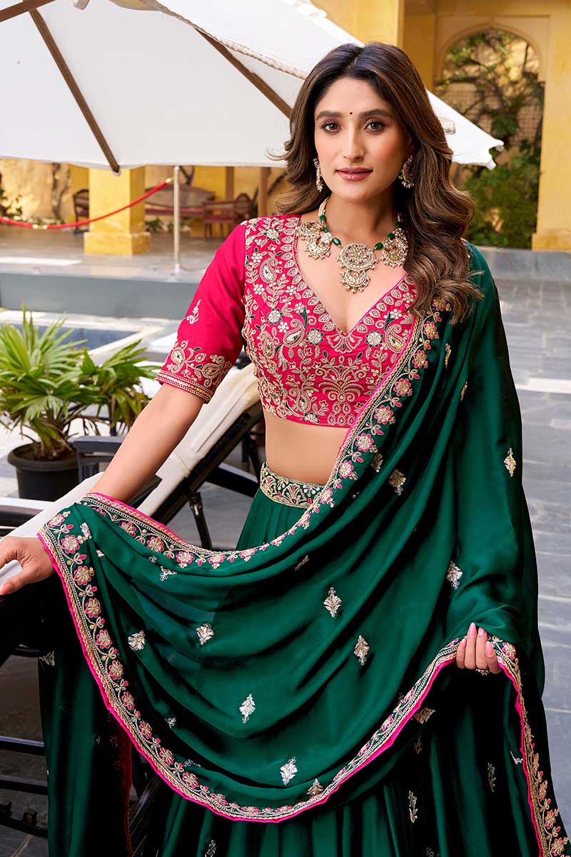 Elegant Green & Pink Embroidered Lehenga – Party & Wedding Wear RTI
