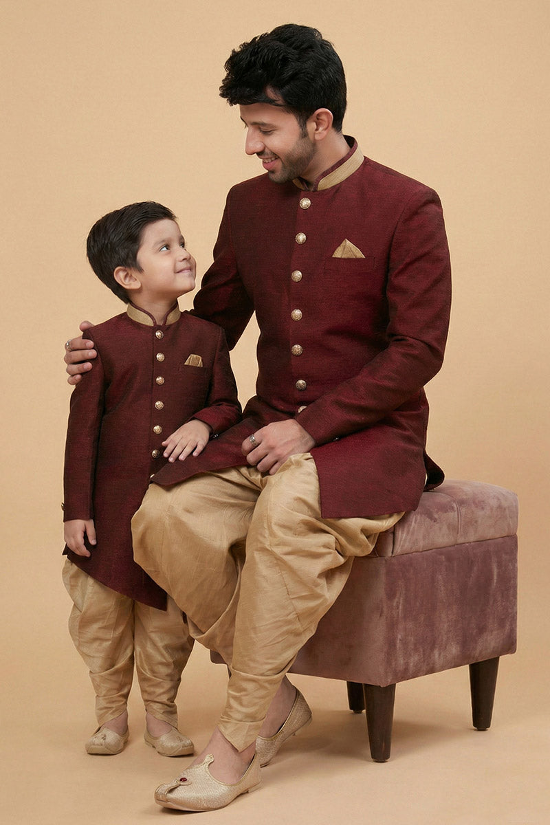 Father & Son Royal Maroon Dhupion Silk Dhoti Kurta Set RTI