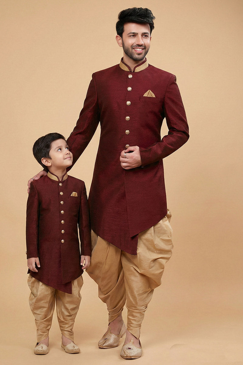 Father & Son Royal Maroon Dhupion Silk Dhoti Kurta Set RTI