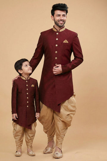 Father & Son Royal Maroon Dhupion Silk Dhoti Kurta Set RTI