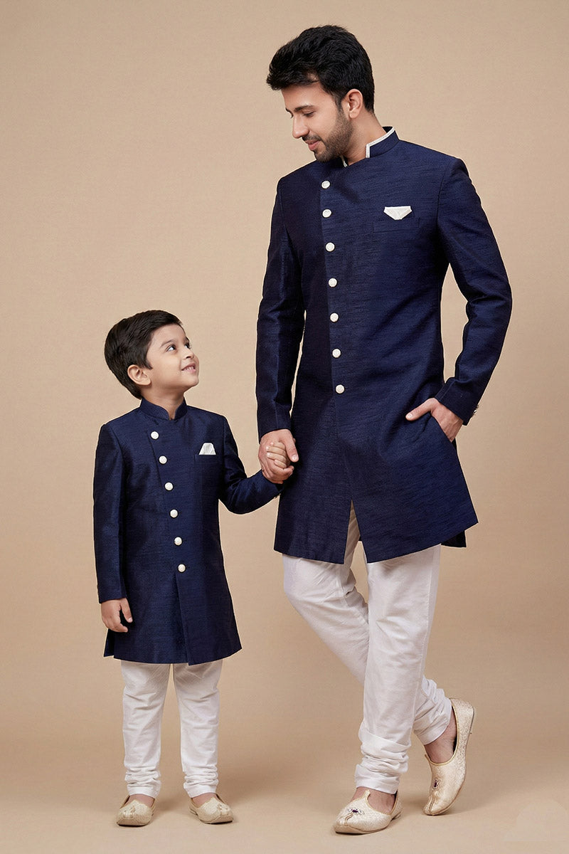 Festive Duo Navy Blue Dhupion Art Silk Kurta Pajama Set RTI