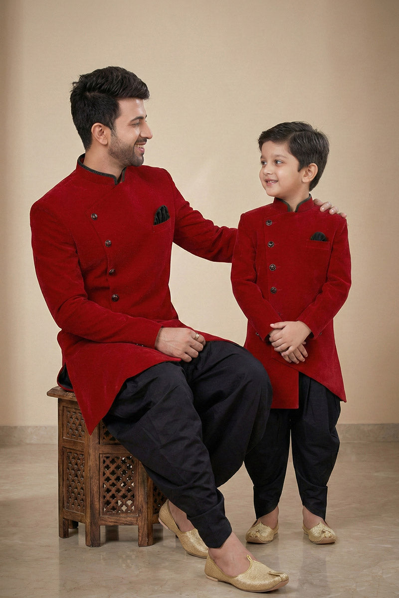 Marron Elegant Father & Son Dhupion Kurta Pajama Duo RTI