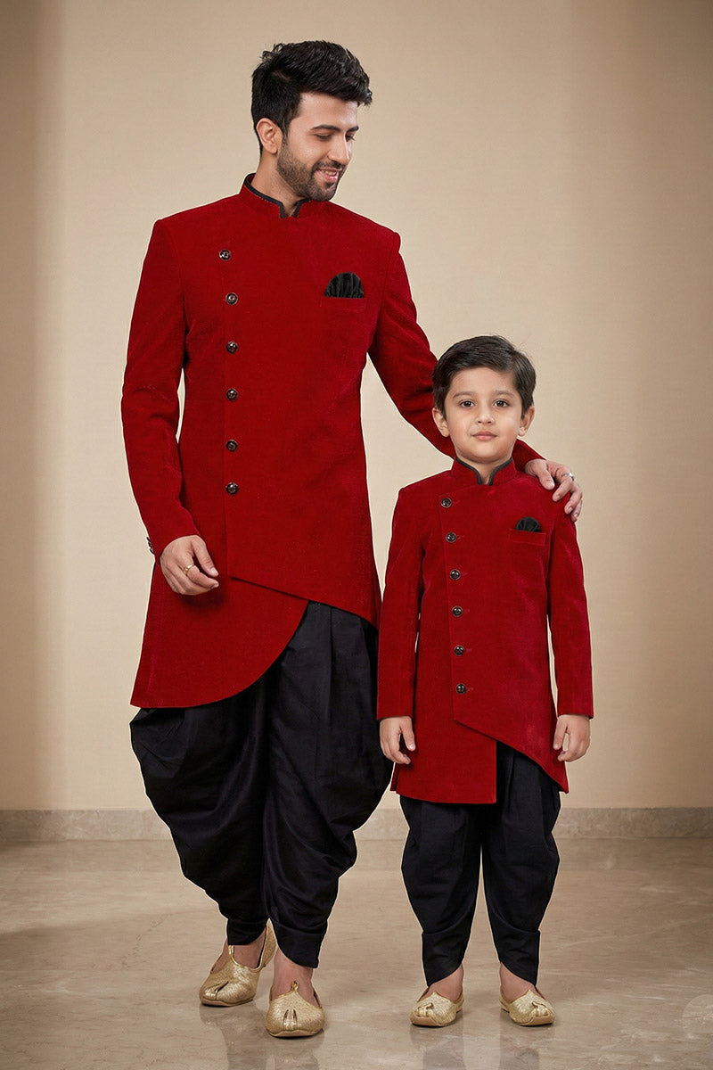 Marron Elegant Father & Son Dhupion Kurta Pajama Duo RTI