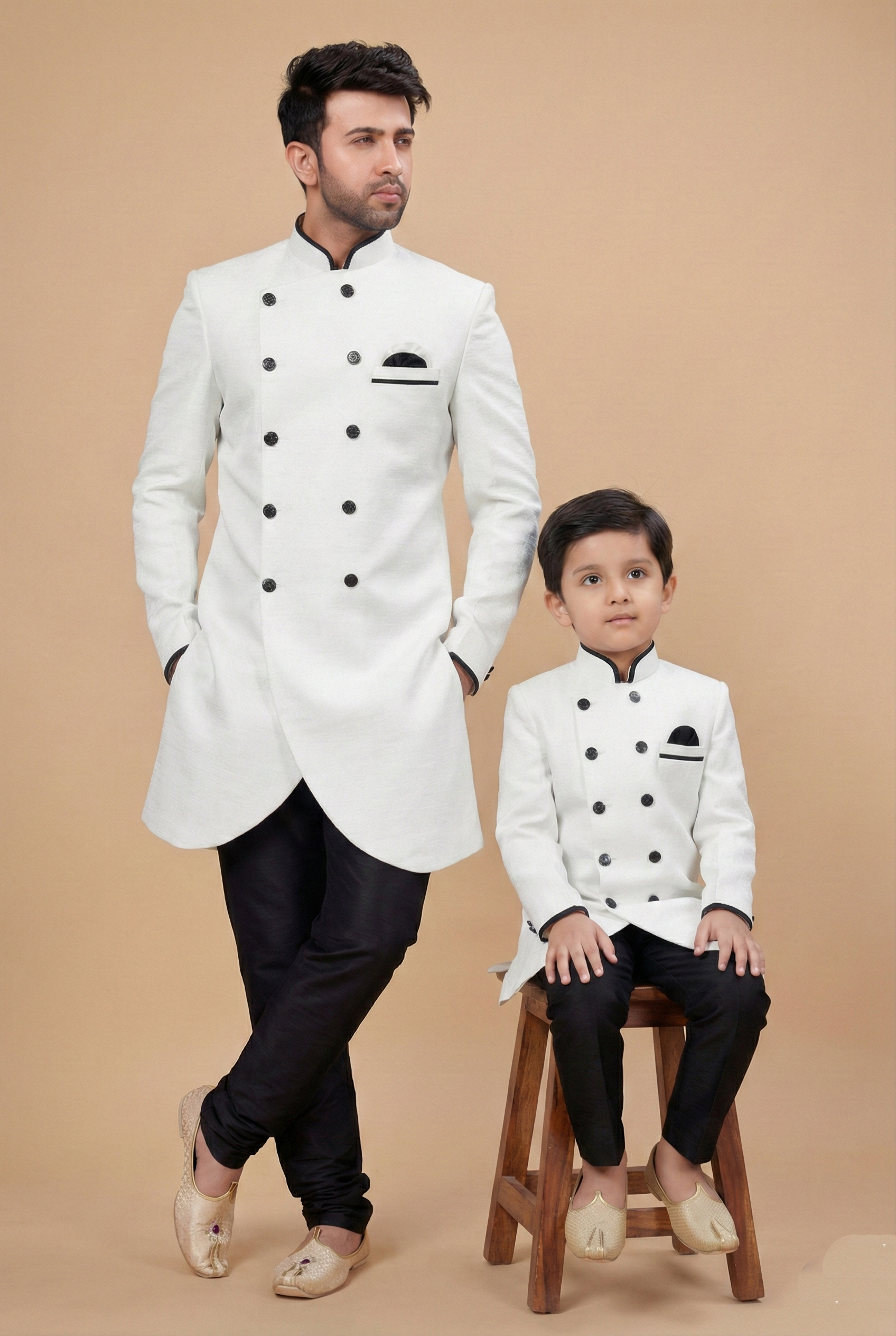 White Dhupion Silk Father–Son Kurta Pajama Combo | Celebration Wear RTI