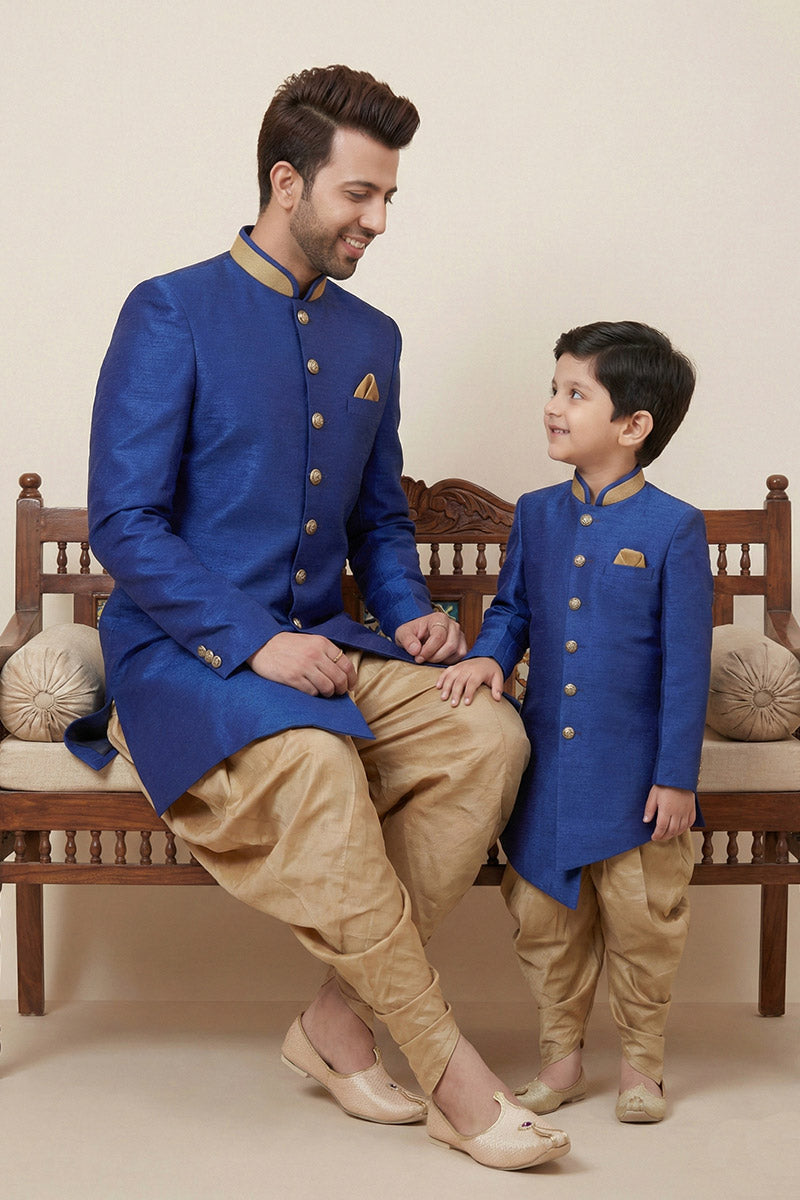 Royal Blue Ethnic Father & Son Coord Set in Dhupion Silk | Party Wear RTI