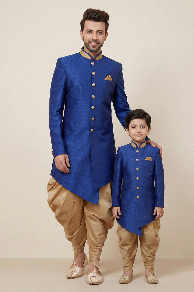 Royal Blue Ethnic Father & Son Coord Set in Dhupion Silk | Party Wear RTI