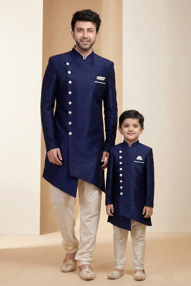 Navy Blue Dhupion Kurta Pajama Set for Dad & Son | Ethnic Collection RTI