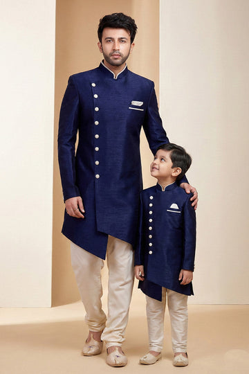 Navy Blue Dhupion Kurta Pajama Set for Dad & Son | Ethnic Collection RTI