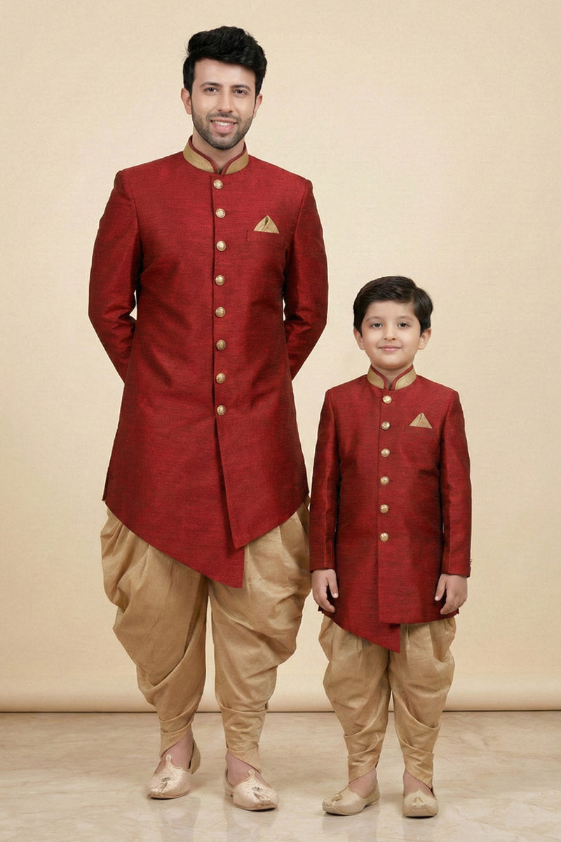 Classic Red Dhupion Kurta Set for Father-Son Duo | Traditional Wear RTI