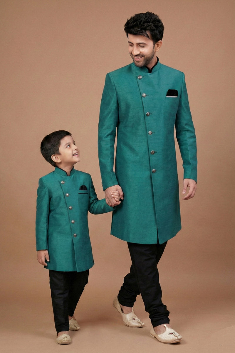 Royal Rama Green Dhupion Silk Kurta Set for Dad & Son | Festive Special RTI
