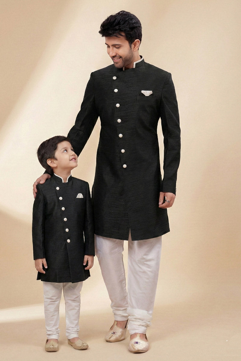 Black Dhupion Silk Kurta Pajama for Dad & Son | Indian Ethnic Wear RTI