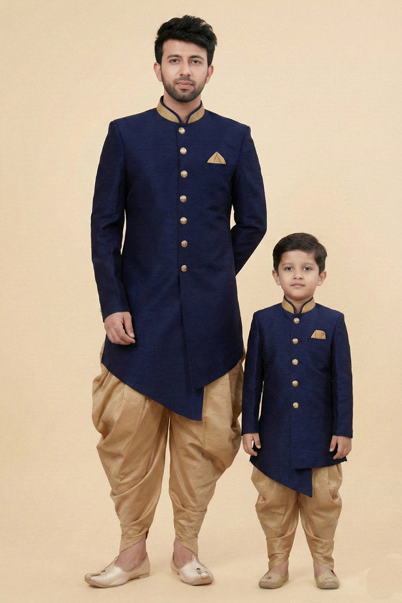 Navy Blue Dhupion Silk Ethnic Kurta Set for Dad & Son | Traditional Festive Wear RTI