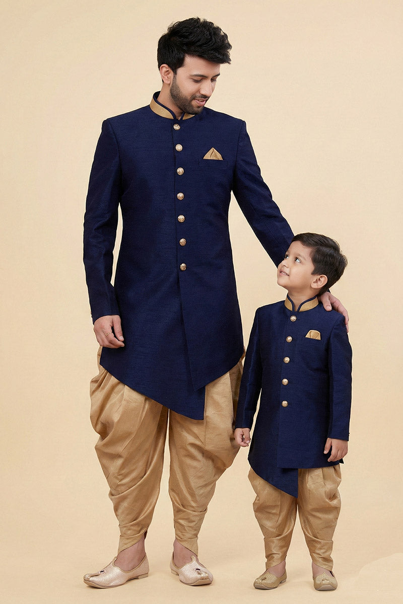 Navy Blue Dhupion Silk Ethnic Kurta Set for Dad & Son | Traditional Festive Wear RTI