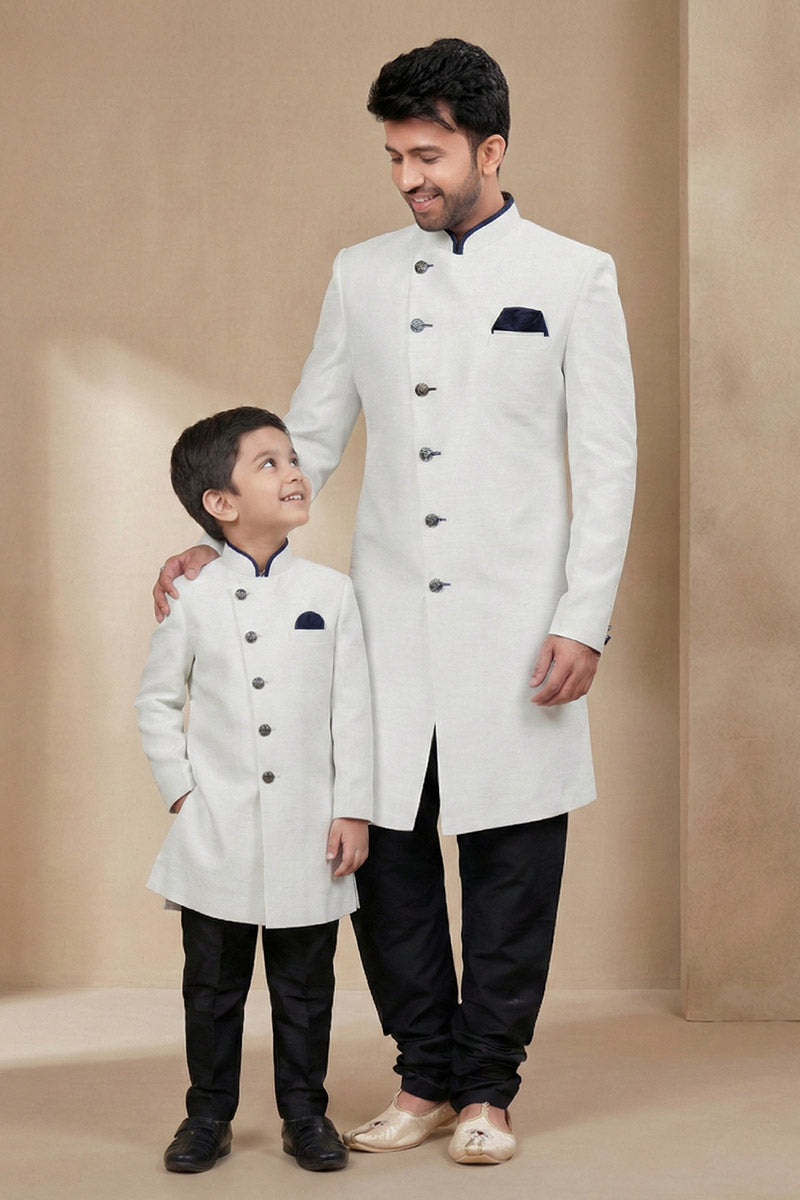 Trendy Off White Dhupion Silk Kurta Set for Father & Son RTI
