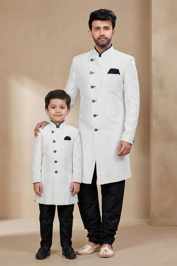 Trendy Off White Dhupion Silk Kurta Set for Father & Son RTI